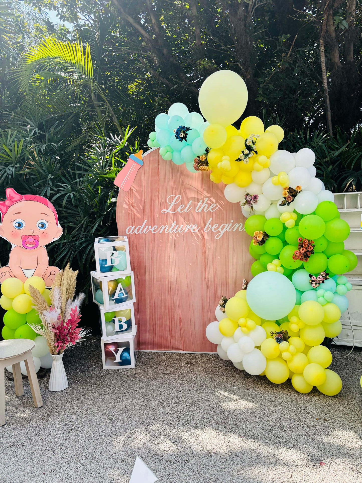 Baby Shower Backdrop with Balloons and Blooming Flower Bunches