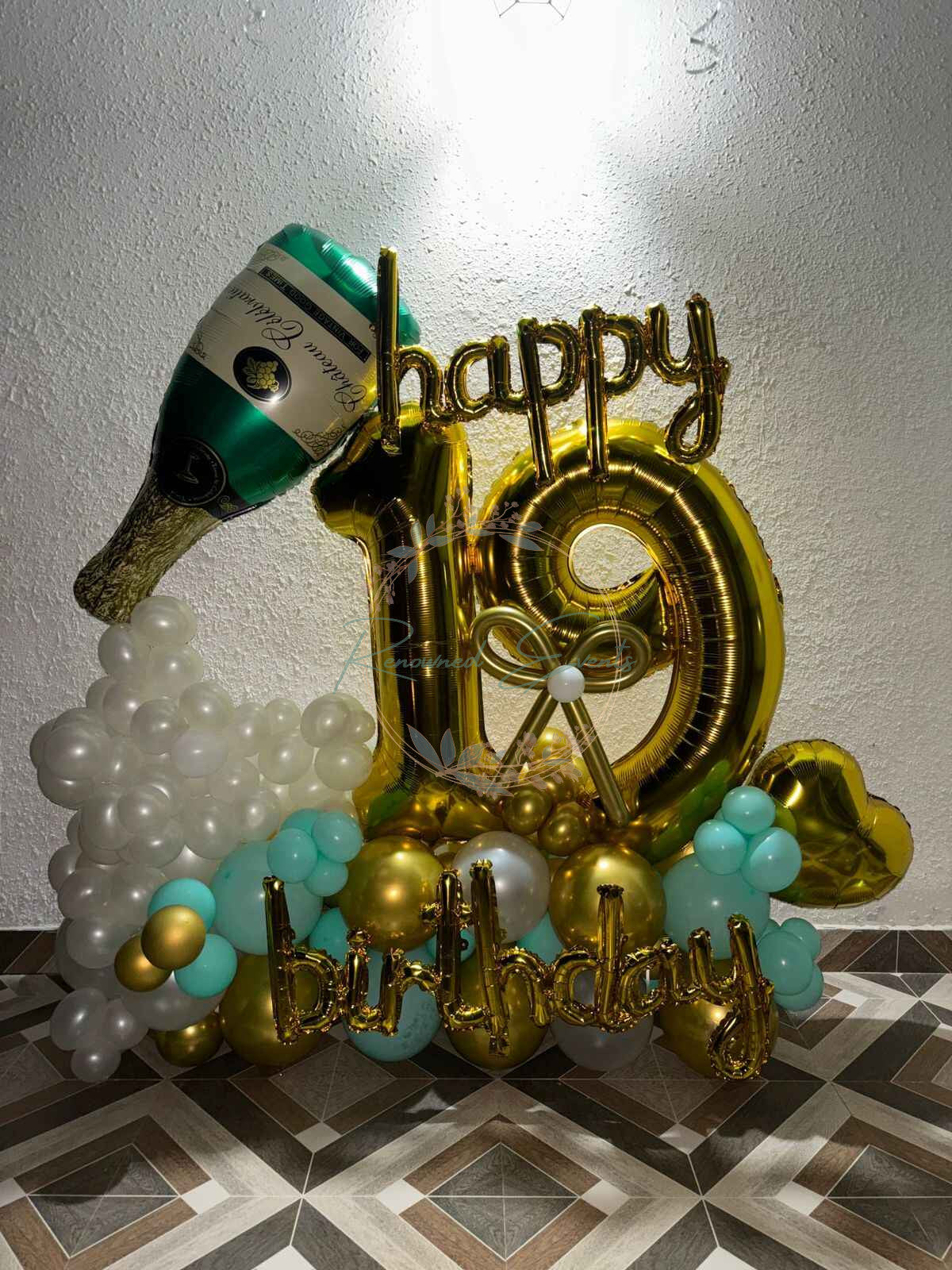 Balloon Bouquet With Champagne Foil Happy Birthday Cursive