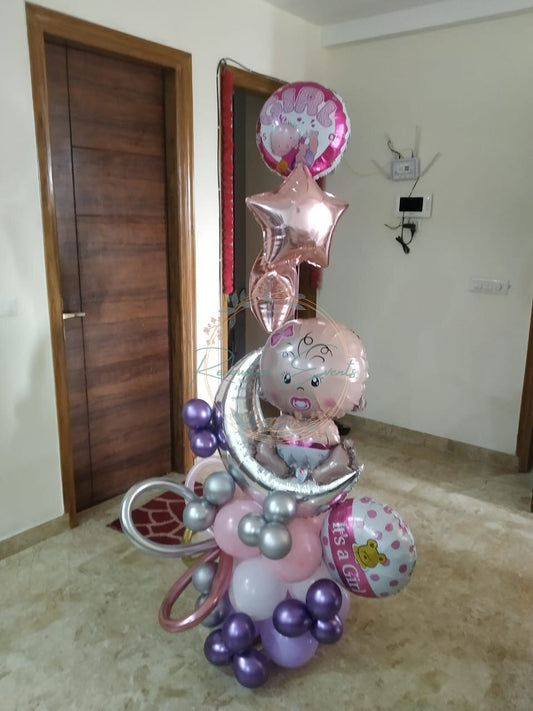 Baby Girl Arrival Balloon Bouquet with Half Moon & 'It’s a Girl' Foil – Newborn Welcome & Baby Shower Decoration