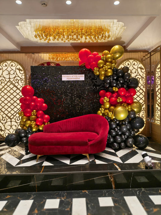 Black Sequin Backdrop with Red & Black Balloon Decor for Birthday & Anniversary