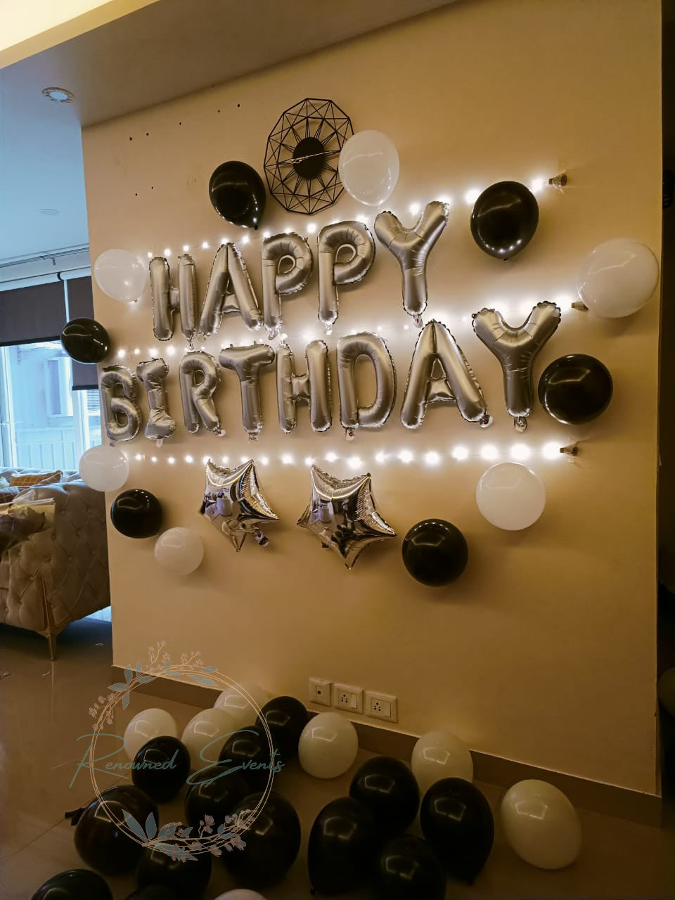 Black and White Balloon Decoration with Fairy Lights