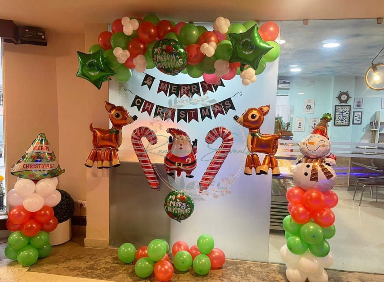 Christmas Office Decoration with Balloons and Banner