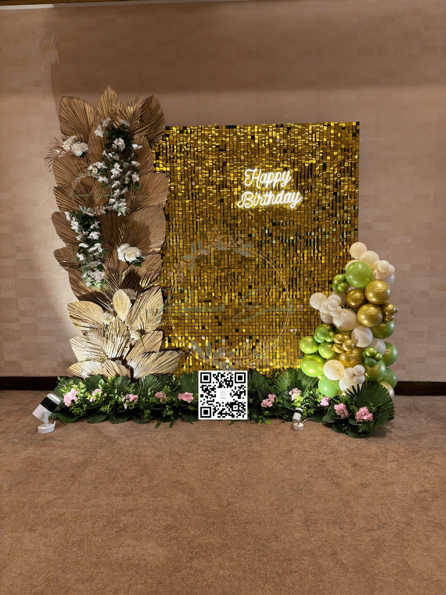 Grand Birthday Backdrop with Golden Sequin and Palm Leaves