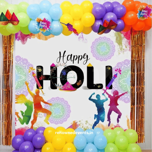 Step into the Colors of Joy: A Vibrant Holi Backdrop with Balloons and Personalized Fun