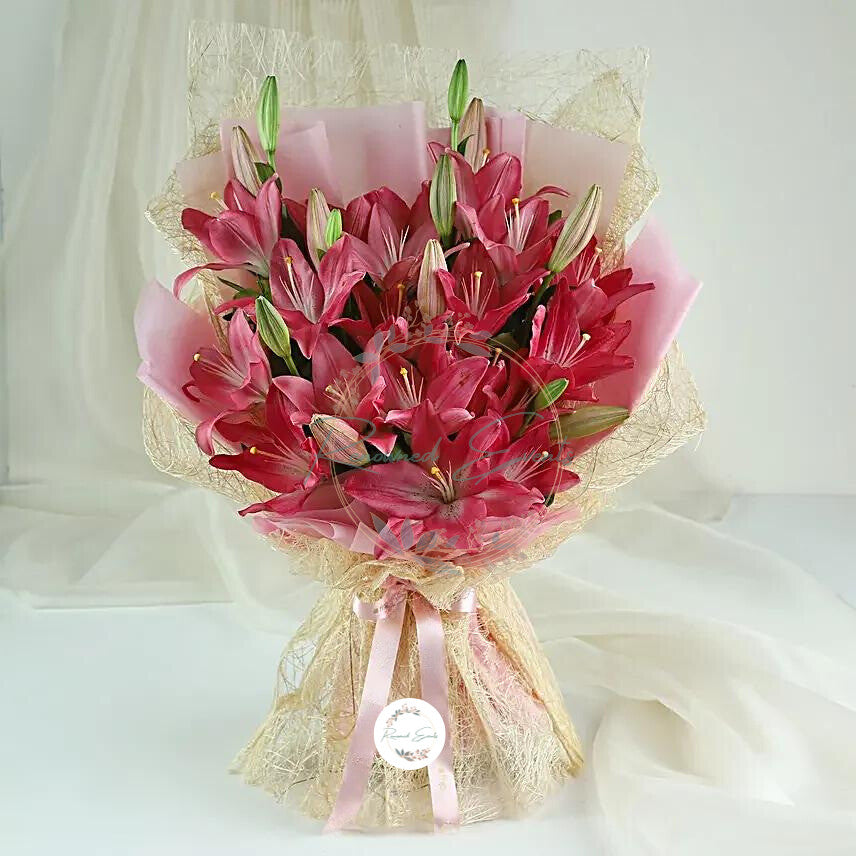 Lily-Embellished Floral Bouquet in Natural Jute Sheet Wrap