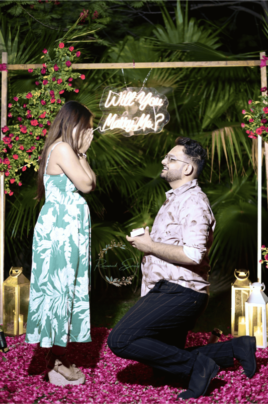 Luxury Surprise Proposal Decoration in Delhi NCR & Jaipur | Romantic Balloon Setup, LED Marry Me Letters & Flower Arrangements for Engagement Proposals