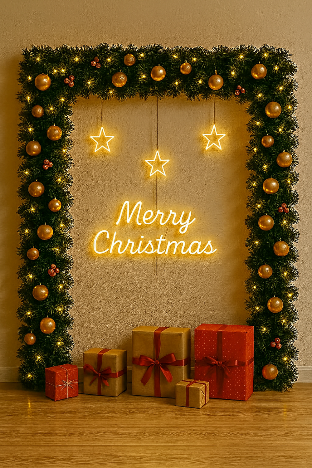 Merry Christmas decoration backdrop with green garland, golden lights, star hangings, and gift boxes.