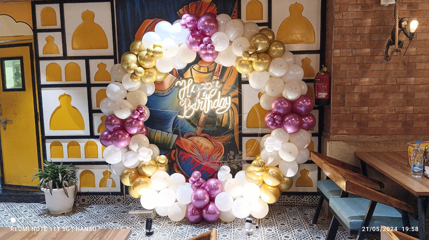 Metallic or Pastel Balloons Decor with Happy Birthday Neon Light on Roof