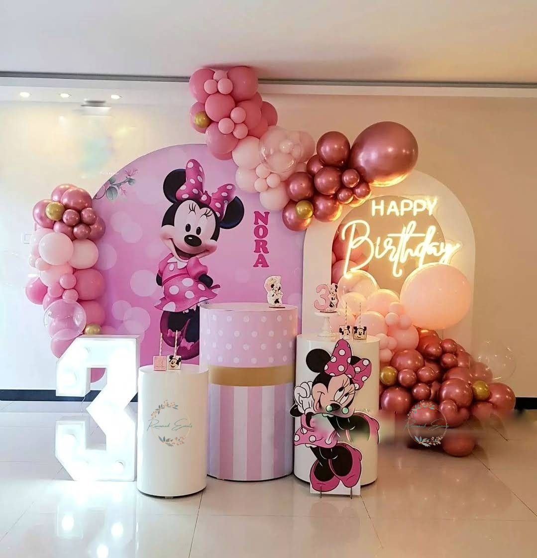 Minnie Mouse Party Backdrop – Pink & Polka Dot Balloons Birthday Decor for Girls