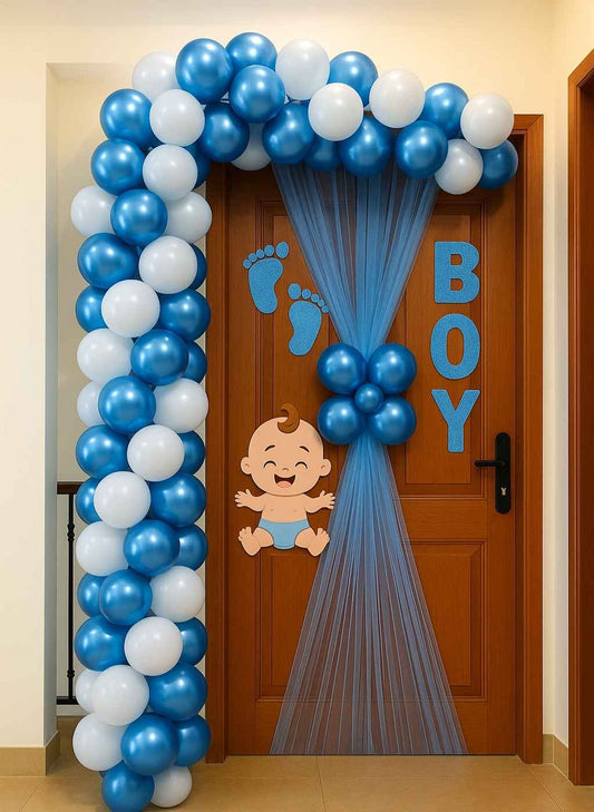 Newborn Baby Boy Door Decoration with Blue & White Metallic Balloon Arch & “BOY” Letters | Renowned Events