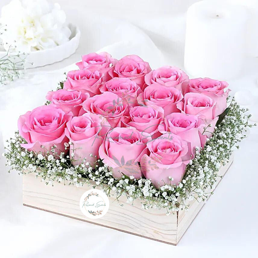Pink Roses Ensemble on Wooden Base