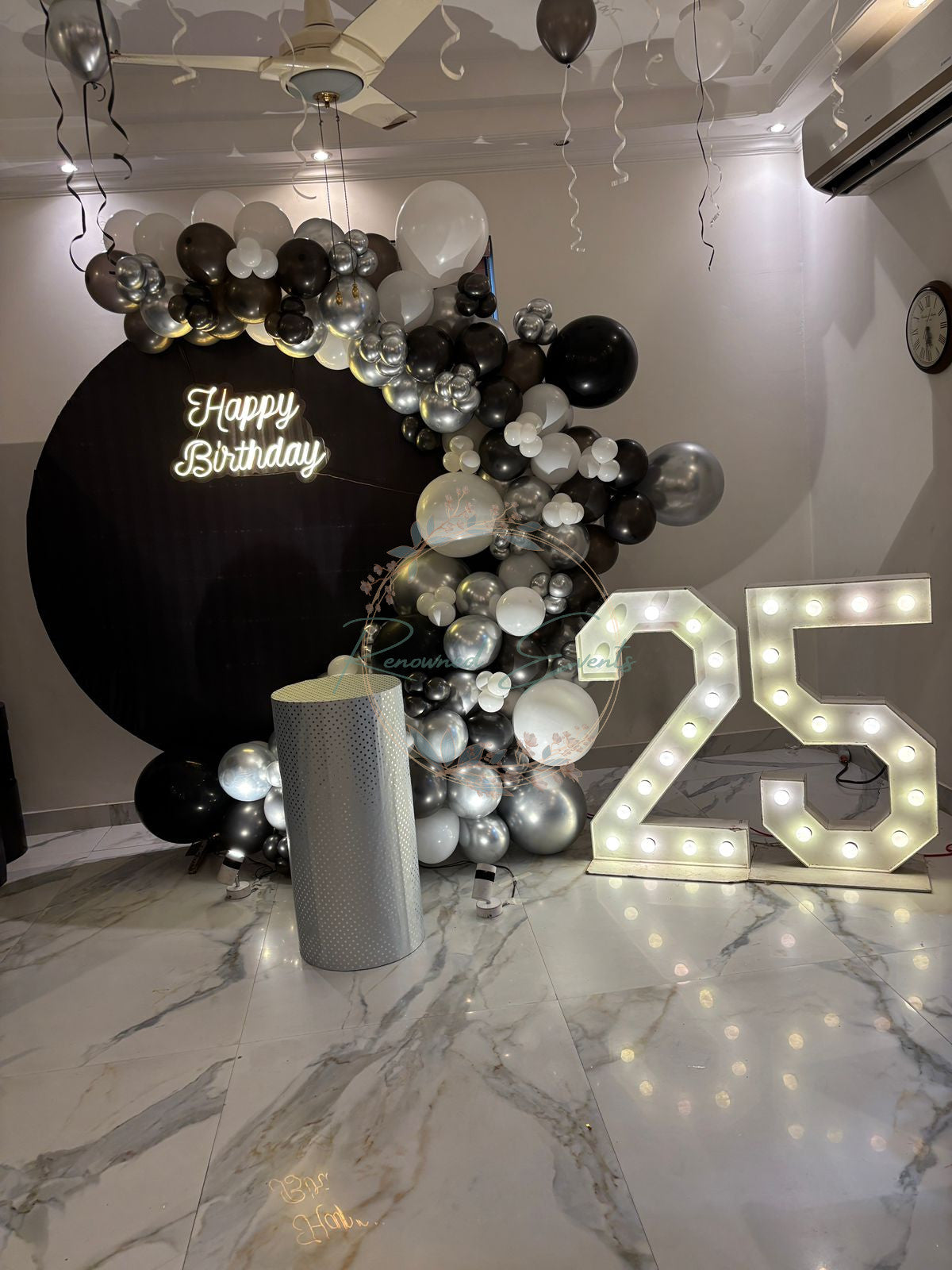 Premium Black Backdrop with Glittery Golden and Black Balloons