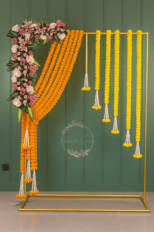 Premium Marigold Floral Backdrop Decoration for Weddings, Festivals & Corporate Events | Elegant Golden Frame Garland Arch