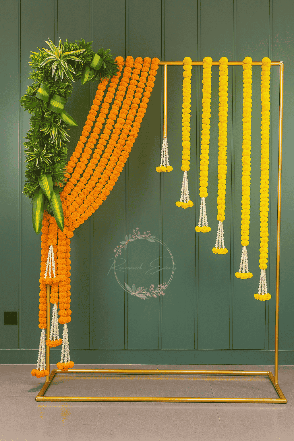 Premium Marigold Floral Backdrop Decoration for Weddings, Festivals & Corporate Events | Elegant Golden Frame Garland Arch