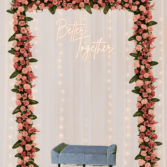 Romantic "Better Together" Wedding Backdrop with Floral Arch & Fairy Lights | Elegant Decor for Engagement & Reception in Delhi NCR & Jaipur