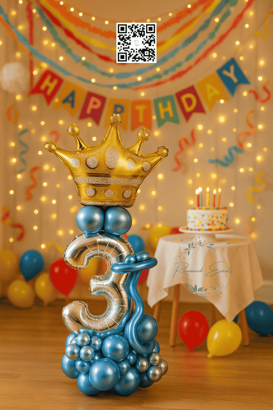 Royal 3rd Birthday Balloon Decoration – Crown & Blue Silver Balloon Setup for Kids Party