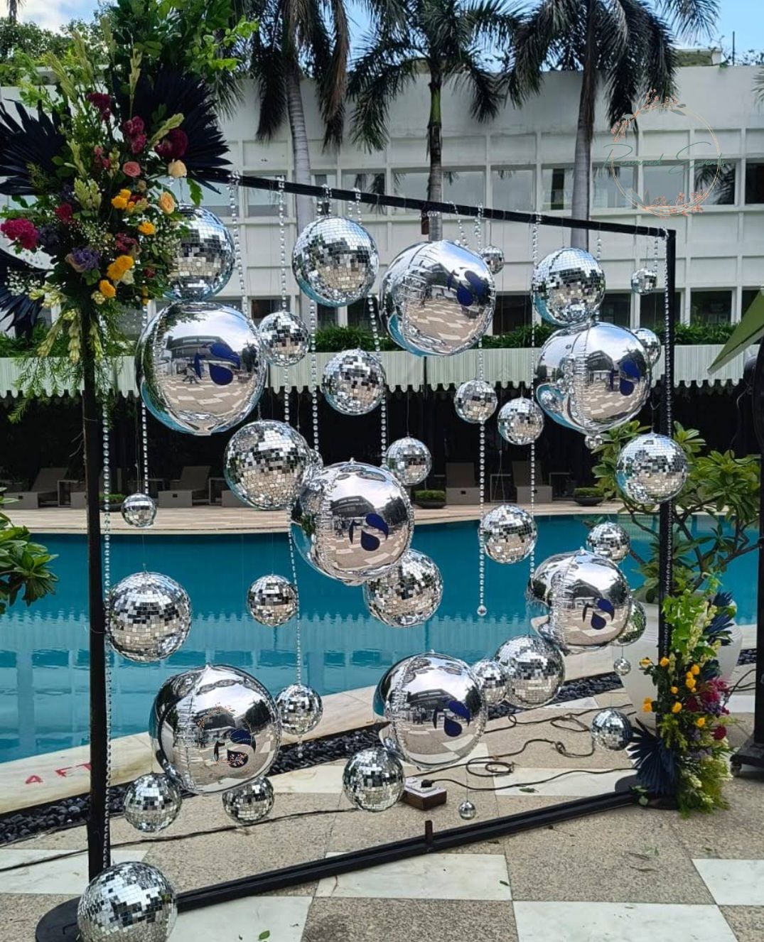 Silver Hanging Ball Backdrop – Premium Bollywood Theme Party Decor by Renowned Events