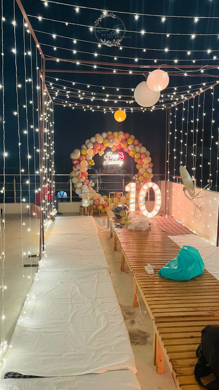 Surprise Proposal Decoration with Ring Setup, Paper Lantern & Neon Light