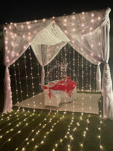 Surprise Proposal Decoration with White Curtains & Frame Stand