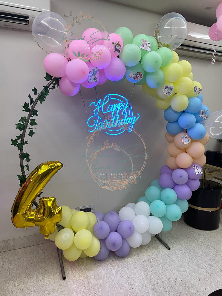 Unicorn Theme Balloon Decoration with Happy Birthday neon led