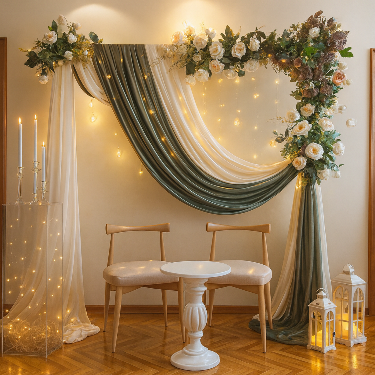 Elegant Green & Ivory Floral Backdrop | Wedding & Photoshoot Decoration