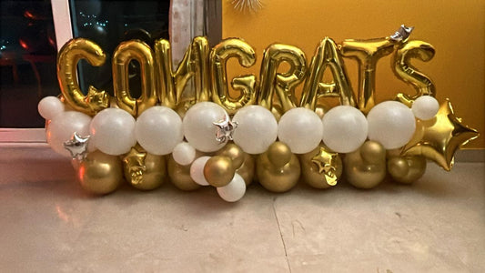Congrats Balloon Decoration – Gold & White Celebration Balloon Bouquet Setup