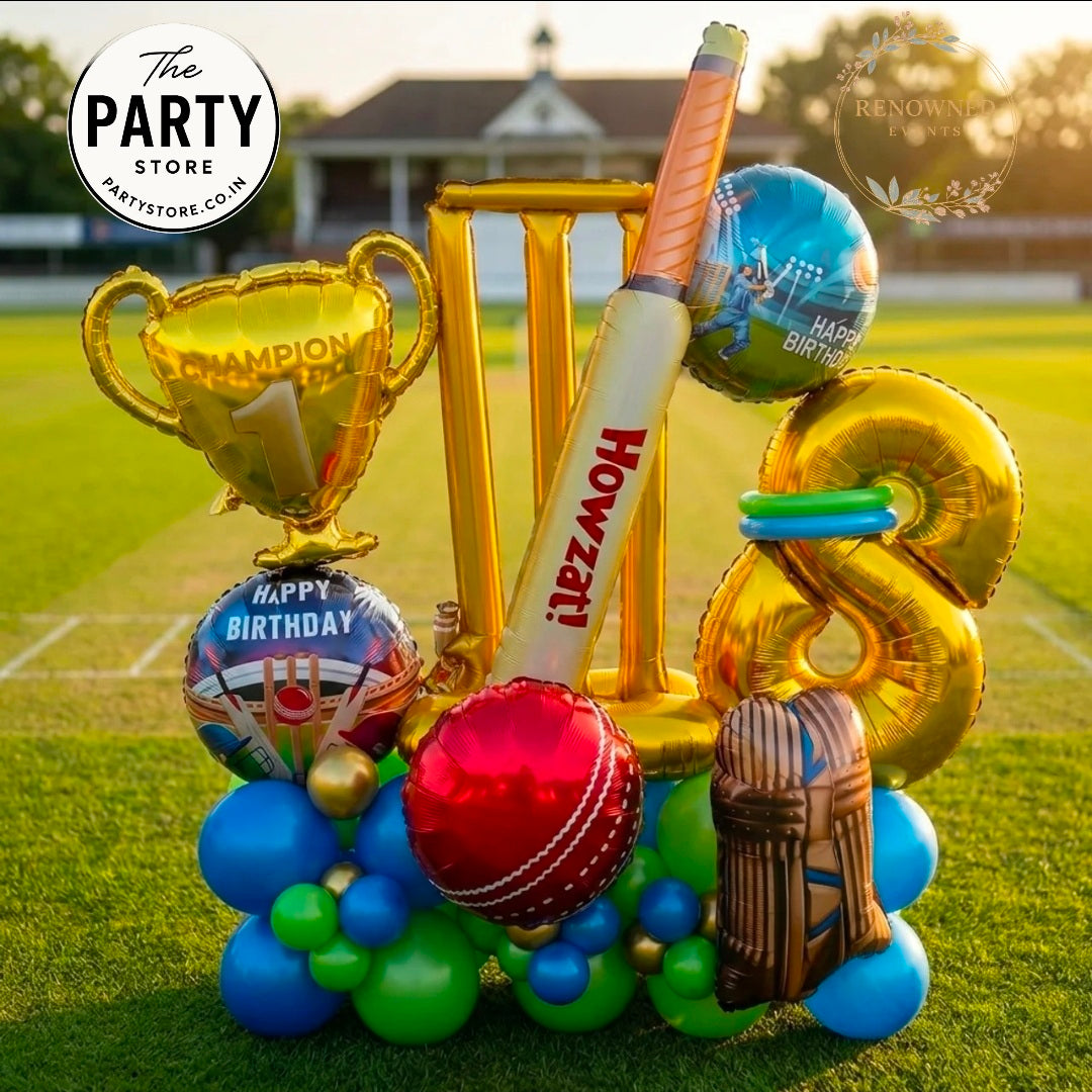 Cricket Theme Balloon Bouquet for Birthday Celebration | Cricket Trophy & Bat Balloon Stand