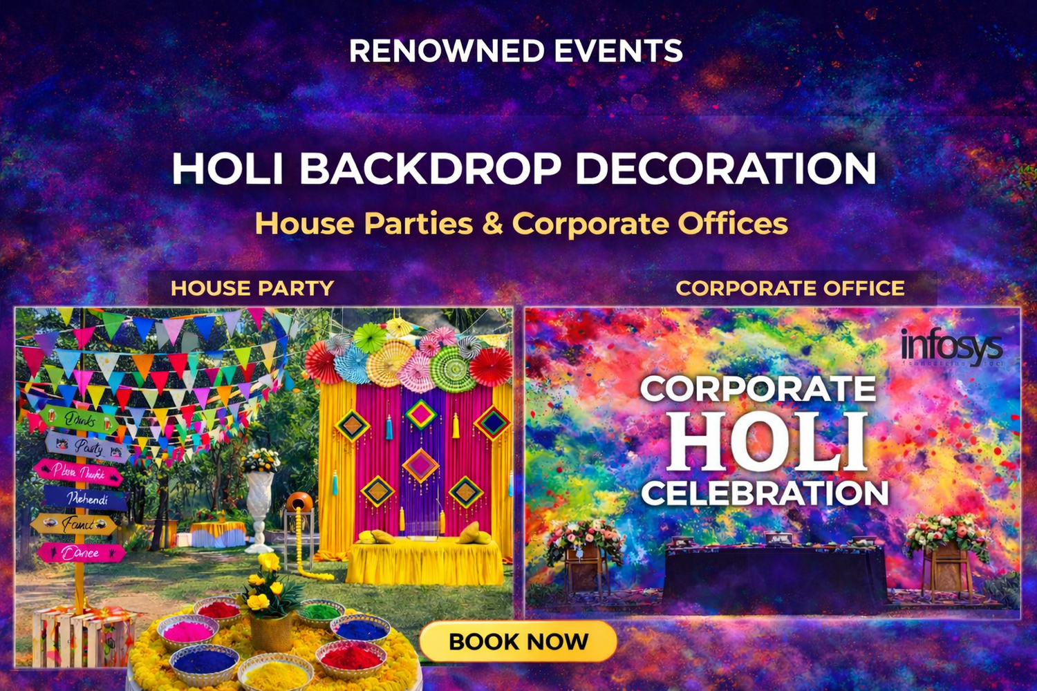 Holi backdrop decoration for corporate offices and farmhouse house parties with colorful stage setup and themed decor by Renowned Events.