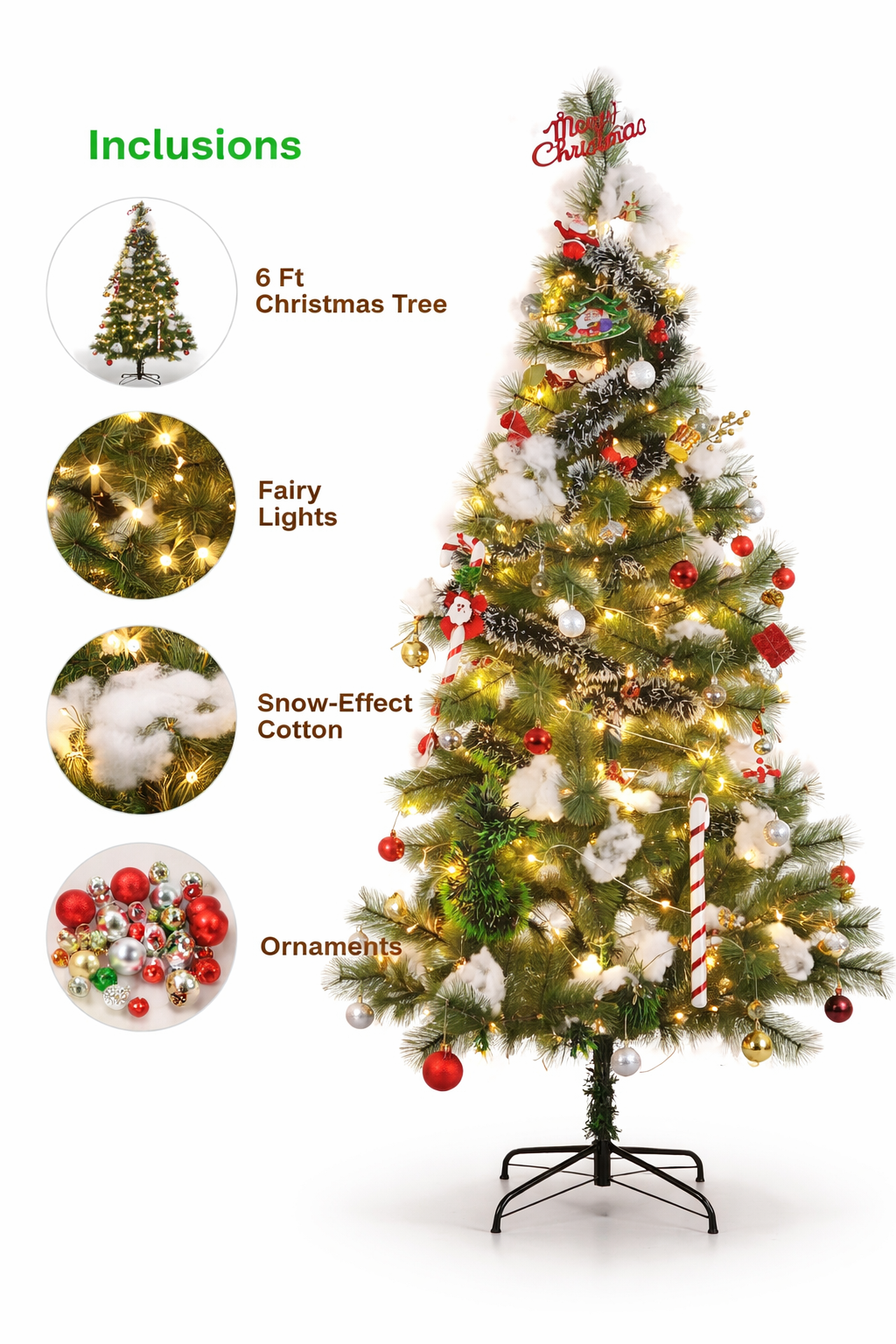 Decorated Christmas tree with fairy lights, snow-effect cotton, and ornaments on a white background.