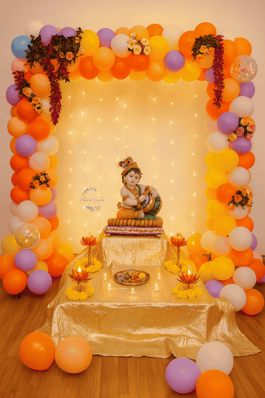 Lord Krishna Event Decor with Balloon Arch, Lights & Floral Setup – Bal Gopal Theme