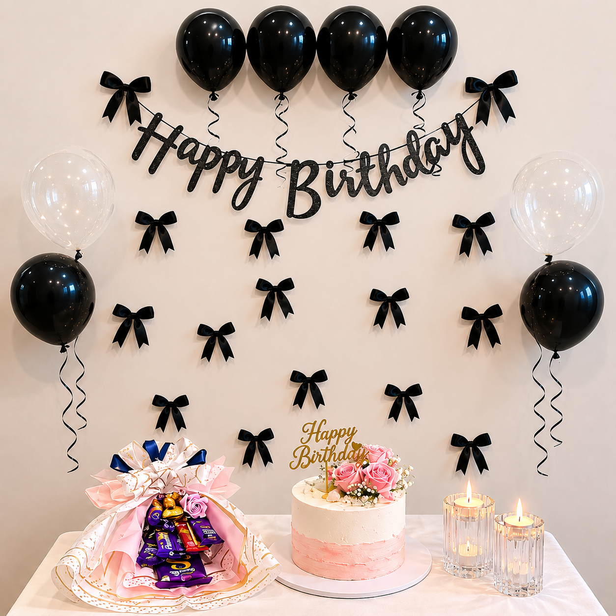 Birthday celebration setup with cake, balloons, and decorative ribbons on a white background