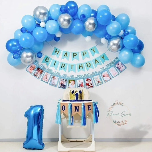 Blue & Silver Balloon Arch with Number 1 Decor for Baby’s First Birthday