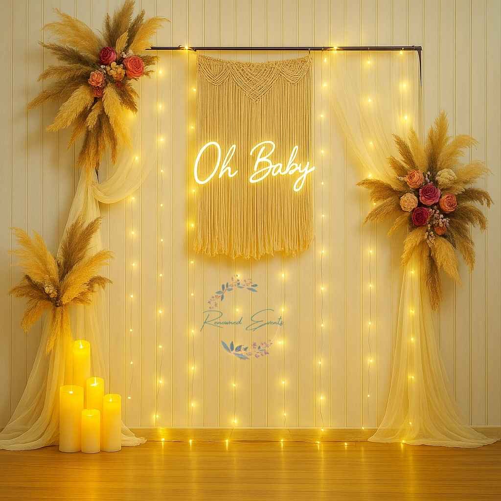 Boho Chic “Oh Baby” Baby Shower Backdrop with Pampas Grass & Fairy Lights | Renowned Events
