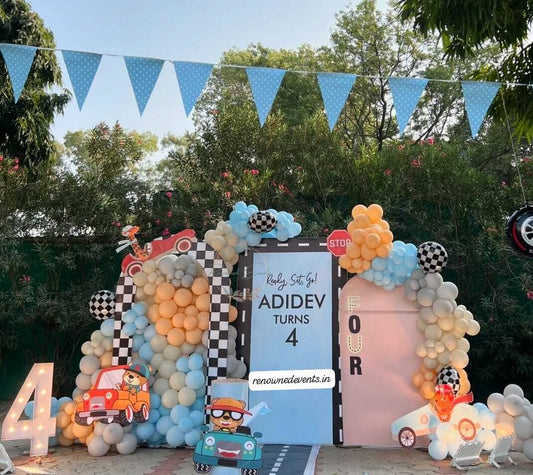 Car-Themed Kids Party Backdrop with Balloons and Fun Props for Vroom Vroom Birthday Bash