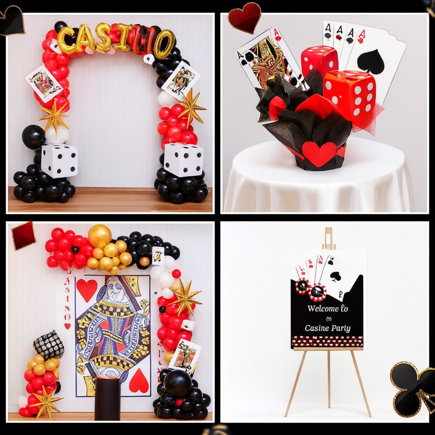 Casino-themed party decorations with balloon arch, playing cards, dice props, table centerpiece, and welcome board in red, black, and gold.
