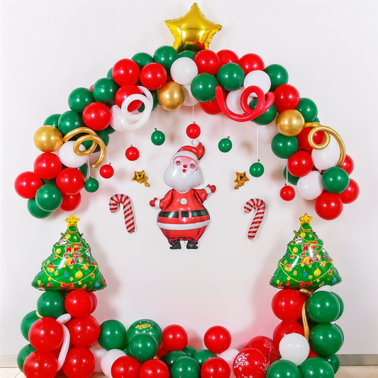 Christmas balloon decoration with Santa centerpiece, red-green-gold balloon arch, candy canes, and Christmas tree balloons.