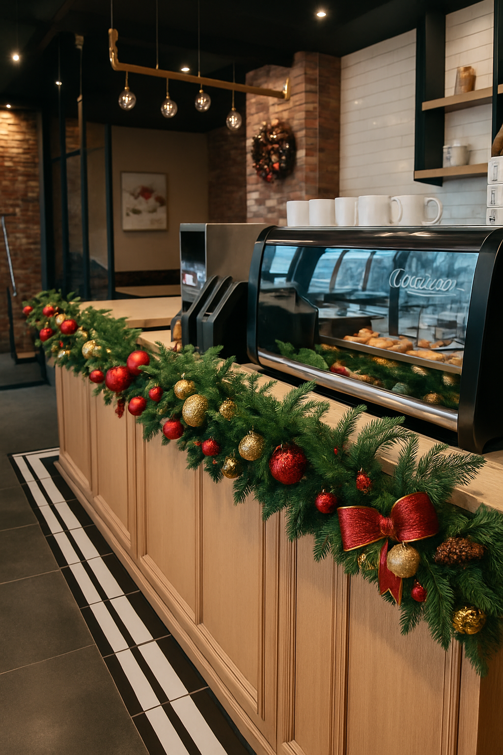 Christmas garland on counter decorated with pine leaves, red and gold ball ornaments and ribbon bows.