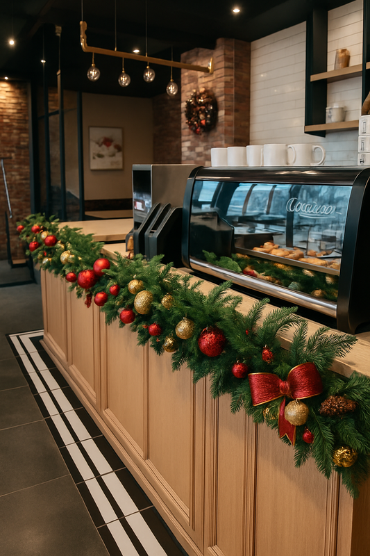Christmas garland on counter decorated with pine leaves, red and gold ball ornaments and ribbon bows.