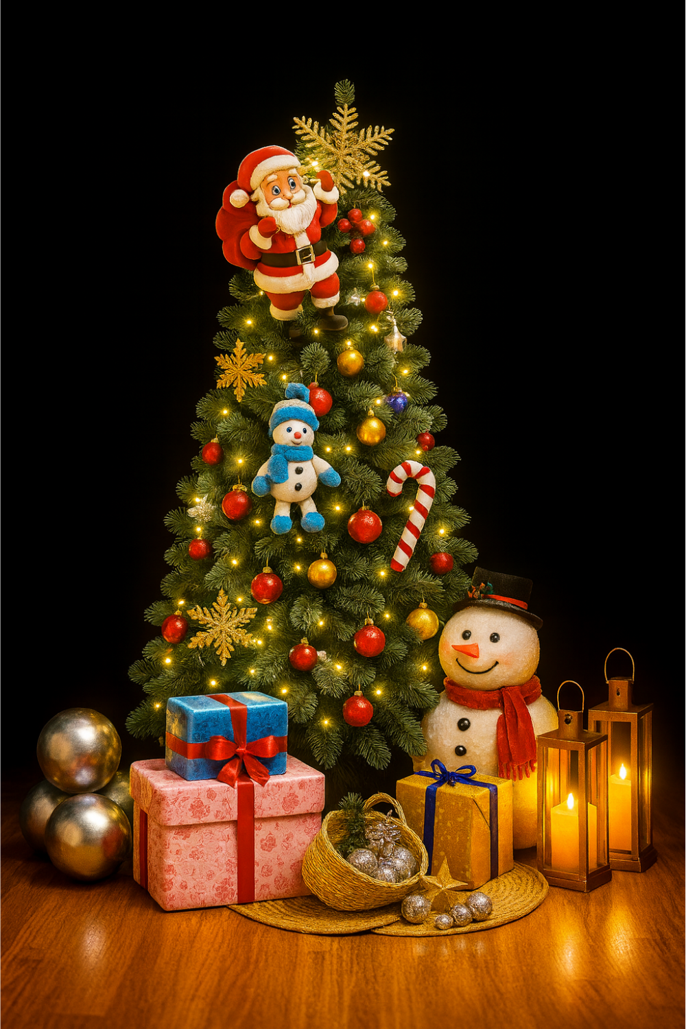 Christmas tree decorated with Santa, snowman, golden baubles, fairy lights, and gift boxes on a wooden floor.