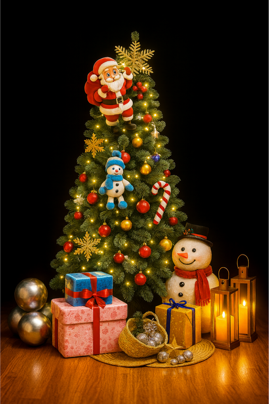 Christmas tree decorated with Santa, snowman, golden baubles, fairy lights, and gift boxes on a wooden floor.