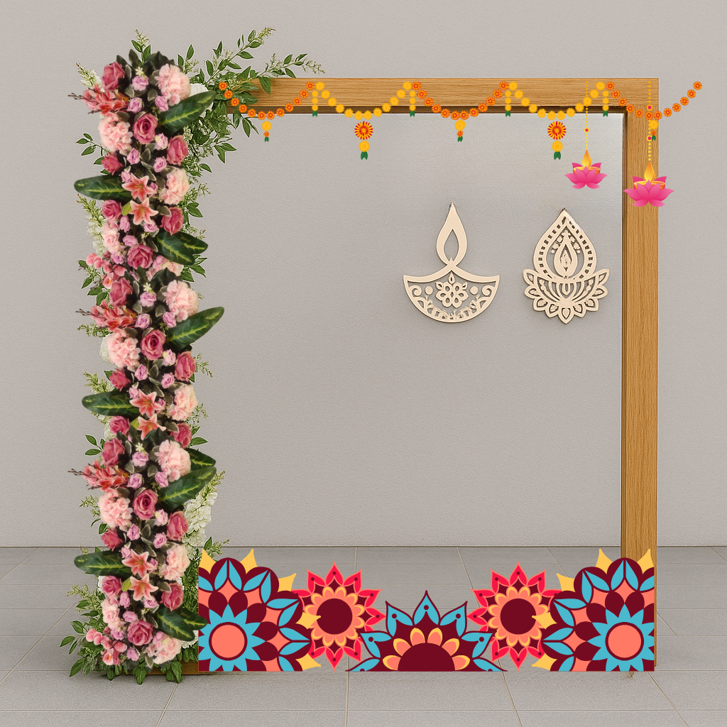 Festive Diwali photo booth backdrop with wooden frame, flowers, and traditional décor