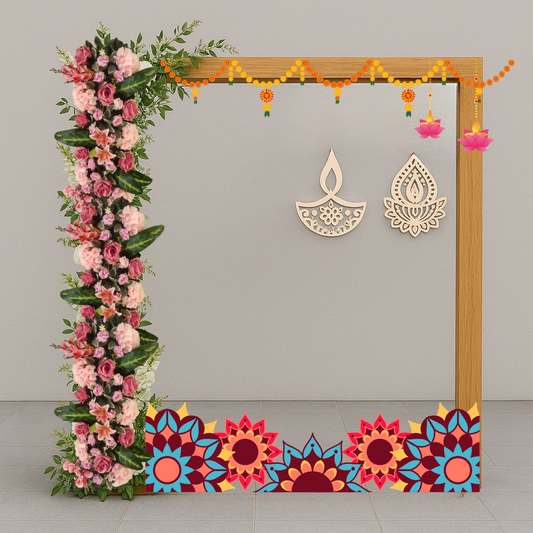 Festive Diwali photo booth backdrop with wooden frame, flowers, and traditional décor