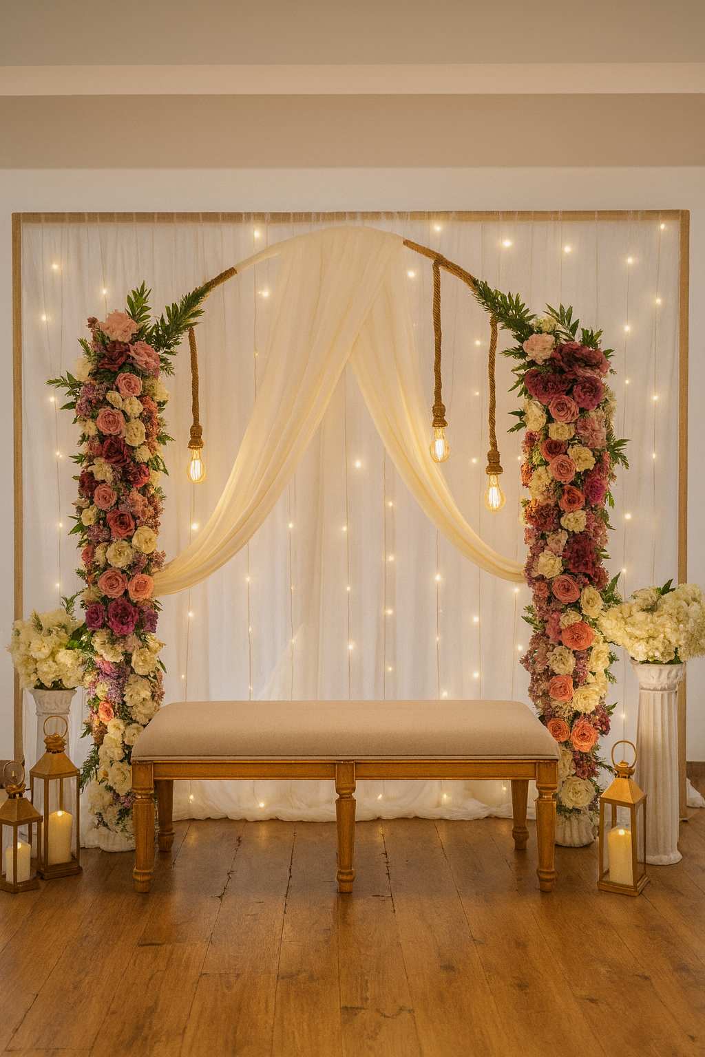 Elegant floral Roka backdrop setup with pastel flower pillars, white drapes, hanging warm lights, lantern decor, and seating bench