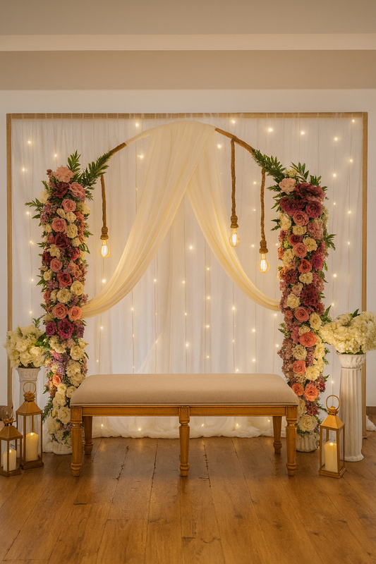 Elegant floral Roka backdrop setup with pastel flower pillars, white drapes, hanging warm lights, lantern decor, and seating bench