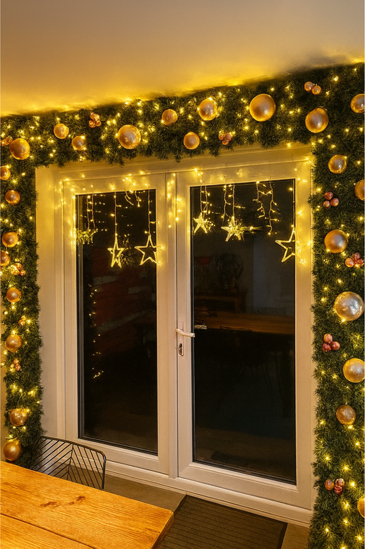 Christmas door decoration with green garland, golden baubles, and star string lights creating a warm festive glow.