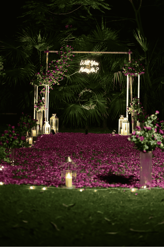 Luxury Surprise Proposal Decoration in Delhi NCR & Jaipur | Romantic Balloon Setup, LED Marry Me Letters & Flower Arrangements for Engagement Proposals