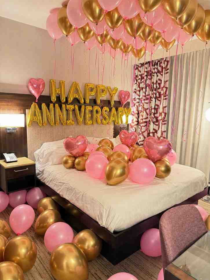 Happy Anniversary Room Decoration with Helium Balloons | Renowned Events