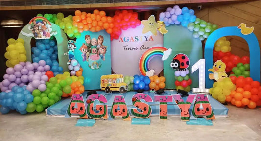 Cocomelon theme Colorful First Birthday Decoration | Rainbow Theme Kids Party Setup