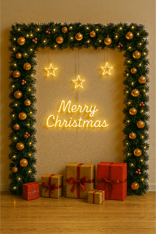 Merry Christmas decoration backdrop with green garland, golden lights, star hangings, and gift boxes.