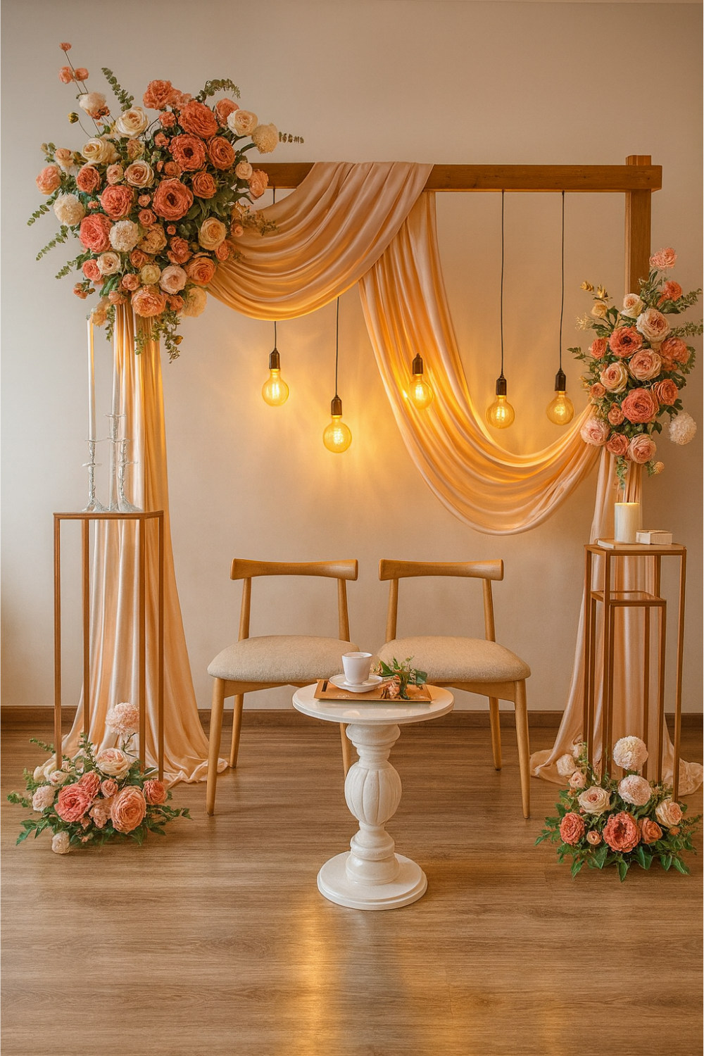 Peach floral backdrop with satin drapes and hanging warm lights for wedding decoration.